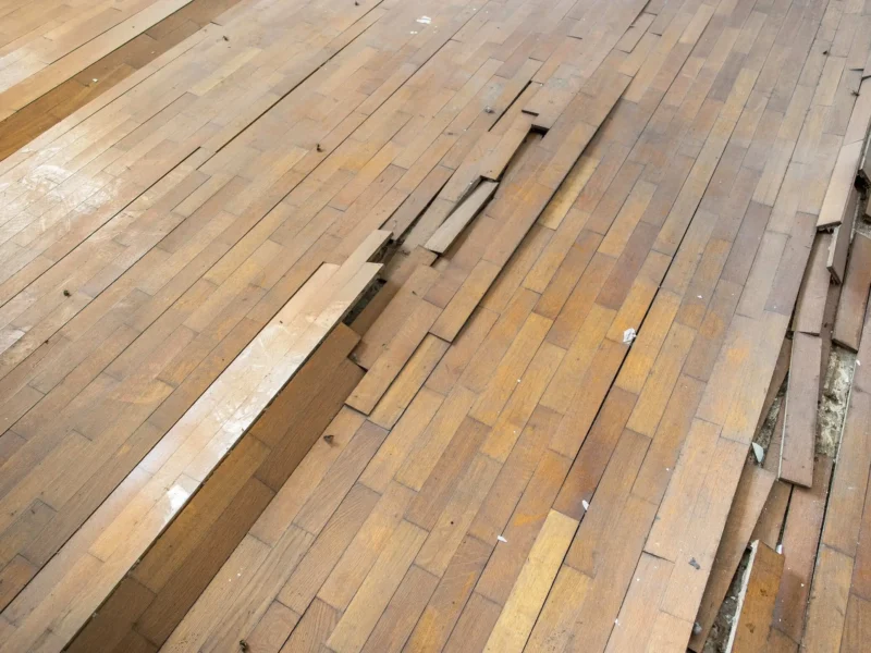 Scratched and worn hardwood floor surface in need of professional sanding and refinishing
