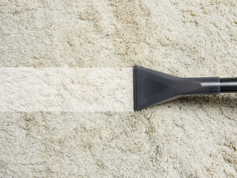The carpet is cleaned with a vacuum cleaner