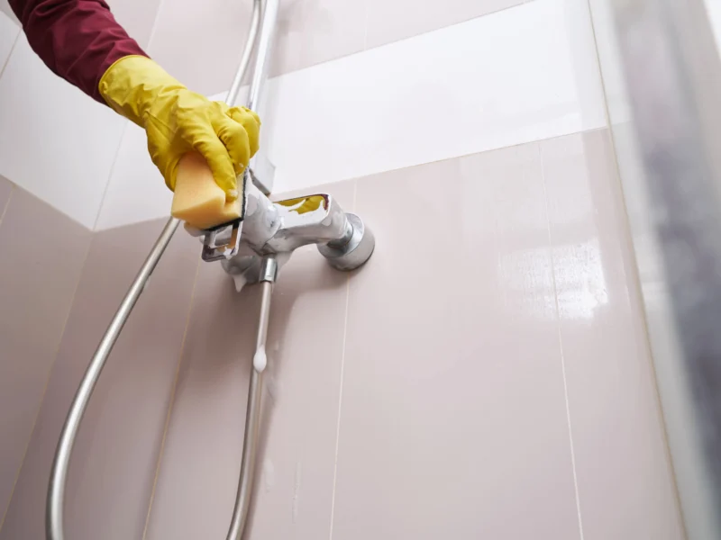 Person scrubbing soap scum off glossy bathroom shower tile with a sponge