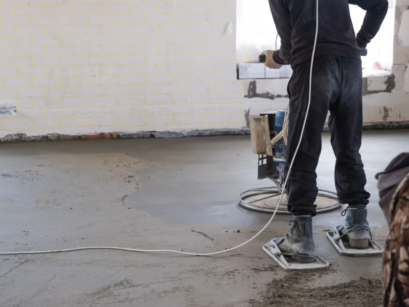 Construction worker leveling a wet concrete slab with a power float before new flooring goes down