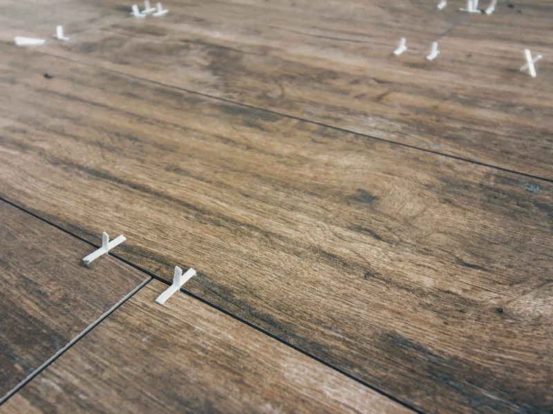 Wood-look plank flooring laid with white spacers during installation in a Sarasota home